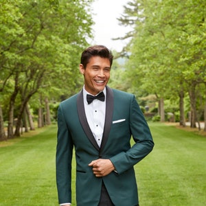 Stretch Hunter Green 1B Shawl W/ Black Satin Lapel Tuxedo Jacket Slim Fit