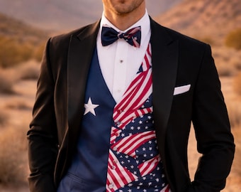Conjunto de chaleco y pajarita de esmoquin con bandera estadounidense y estrellas, ropa de fiesta patriótica en rojo, blanco y azul.