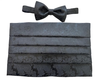 Big and Tall Satin Paisley Cummerbund & Bow Tie Set in Black, for Formal Occasions