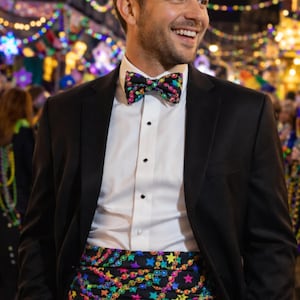 Multi Color Beaded Mardi Gras Cummerbund and Bow Tie for Parties, Festive Event Wear