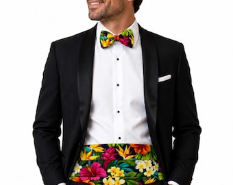 Hawaiian Floral Fiesta Paradise Cummerbund & Bow Tie Set – Tropical Party Accessories