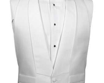 White Pique Full Back Tuxedo Vest with Pre Tied Pique Bow Tie or Self Tie Pique Bow Tie Mardi Gras Ball Attire Formal Full Dress White Tie