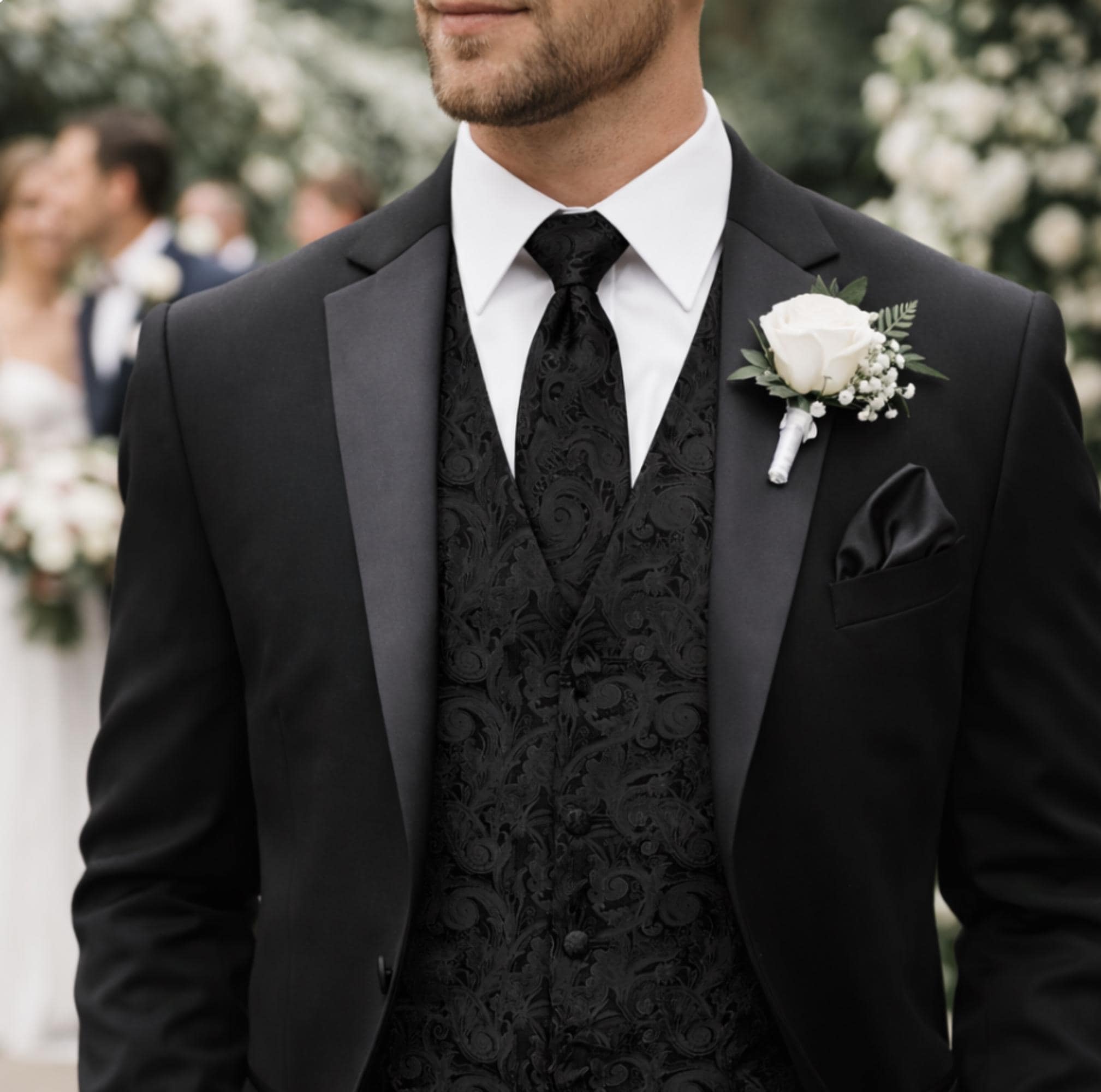 Black Paisley Tuxedo Vest and Bow Tie Set, Elegant Wedding Formal