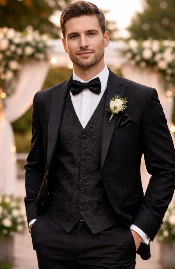 Black Paisley Tuxedo Vest and Bow Tie Set, Elegant Wedding Formal