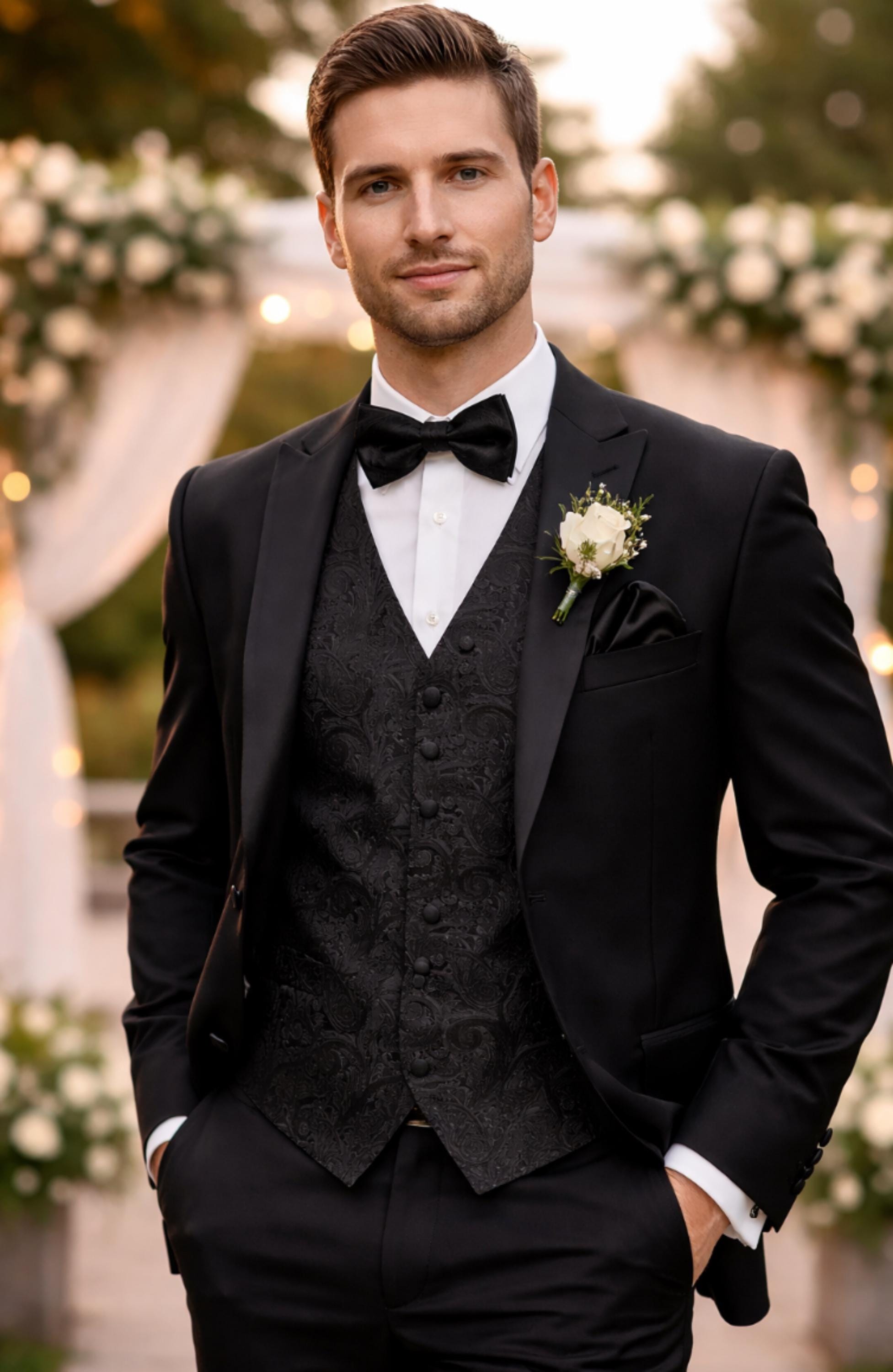 Black Paisley Tuxedo Vest and Bow Tie Set, Elegant Wedding Formal