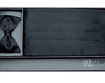 Premium Black Silk Cummerbund and  Pre-Tie Bow Tie Set