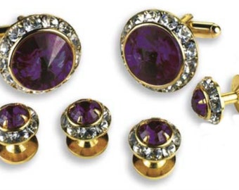 Amethyst Stone Center with Rhinestone Boarder Gold Trim Studs and Cufflinks Set