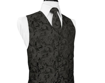 Pewter Gray Paisley Print Tuxedo Vest and Bow Tie Set