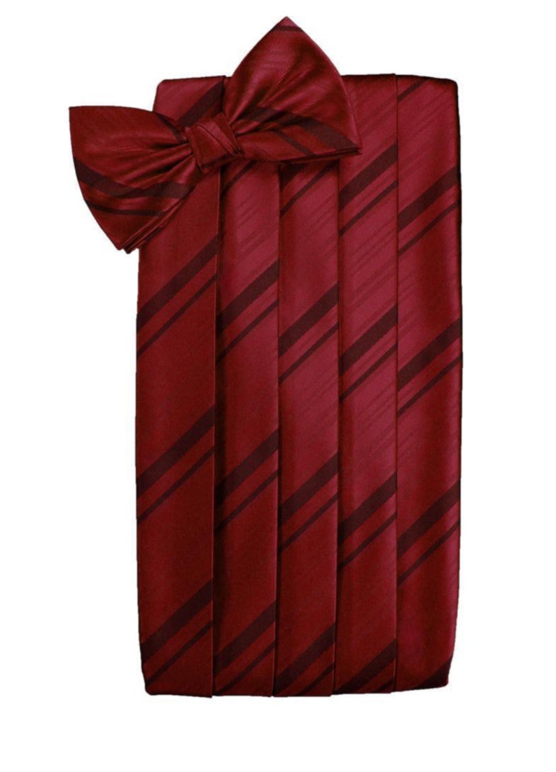 Apple Red Tuxedo Cummerbund and Bow Tie Sets in Assorted Patterns Striped Satin