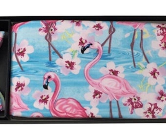 Flamingo and Flowers Tuxedo Cummerbund and Bow Tie Set