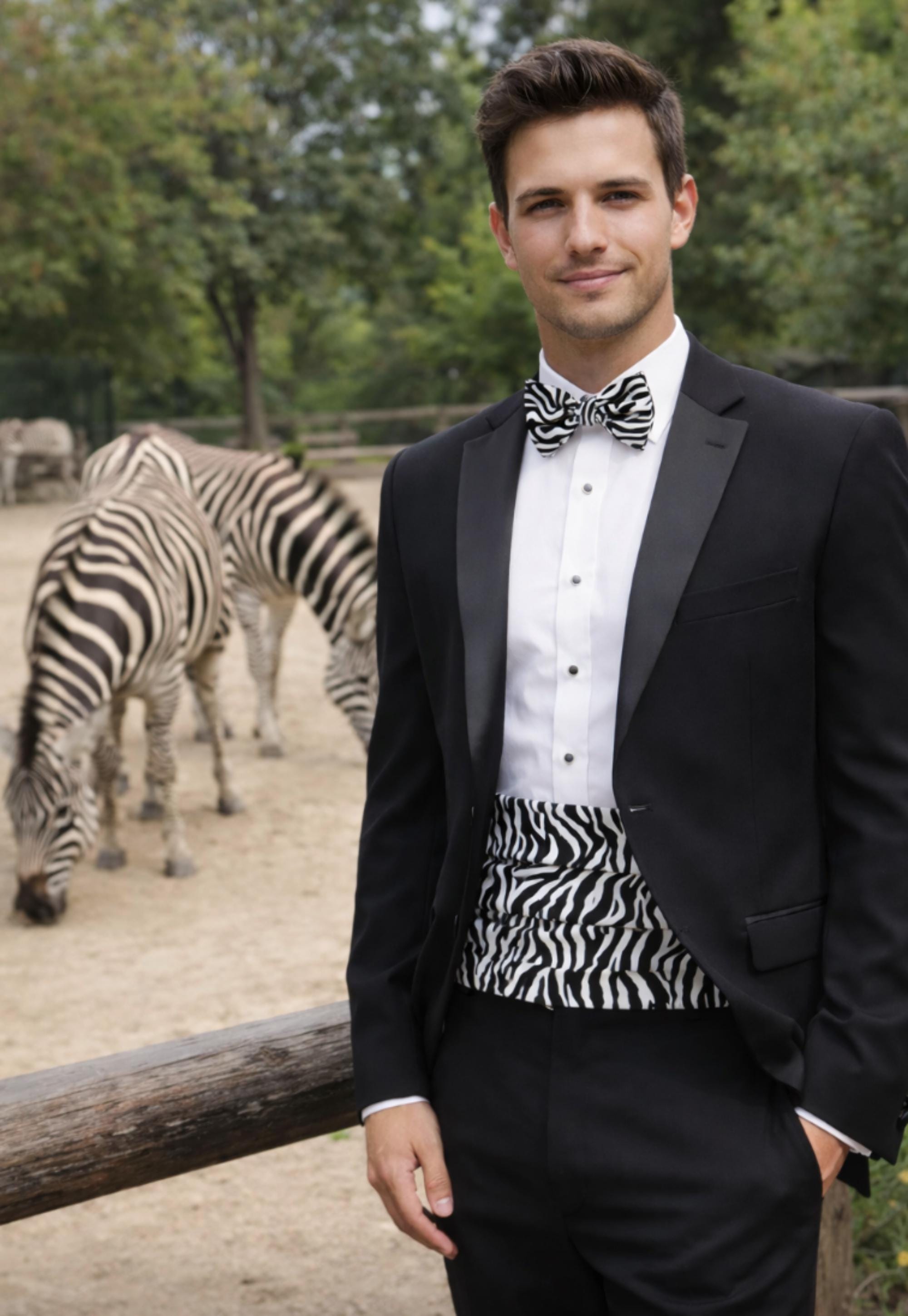 Zebra Stripe Cummerbund and Bow Tie Set – Black & White Formal