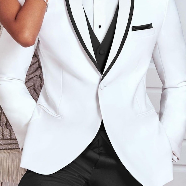 White Shawl Tuxedo Dinner Jacket with Black Trim Slim Fit