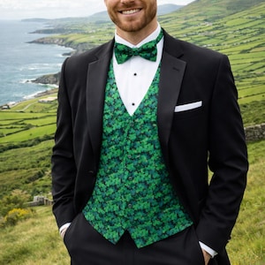 Emerald Shamrocks Tuxedo Vest & Bow Tie, Green Formal Accessories for St. Patrick’s Day