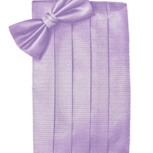 May include: A lavender bow tie with a herringbone pattern. The bow tie is made of a satin-like material and has a classic shape.