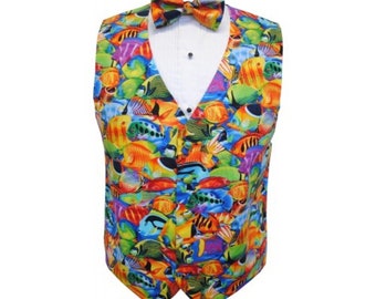 Hawaiian Tropical Saltwater Fish Tuxedo Vest and Tie Set