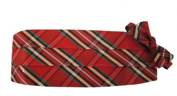 Christmas Red Plaid Tuxedo Cummerbund & Bow Tie Set, Holiday  display picture 1