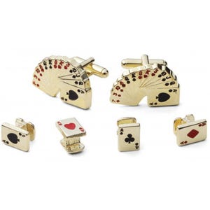 Conjunto de abotoaduras e botões de cartas de baralho com acabamento dourado