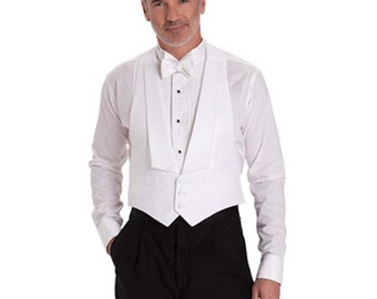 White Pique Open Back Backless Full Dress Tuxedo Vest and Bow Tie Backless White Pique Vest and Bow Tie Pre-Tied Bow Tie Self-Tie Bow Tie