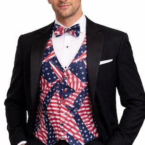 Stars and Stripes American Flag Tuxedo Vest & Bow Tie Set, Patriotic Formal Wear