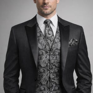 Elegant Silver Gray Paisley Vest & Tie, Matching Hanky, Formal Wear, Ideal Gift for Weddings