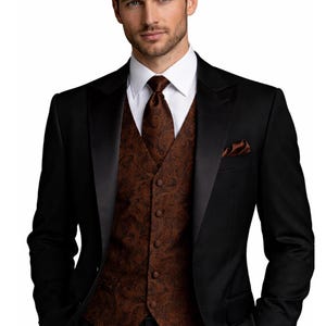 Cognac Tapestry Tuxedo Vest and Tie Set, Elegant Formal Wear for Weddings, Groomsmen