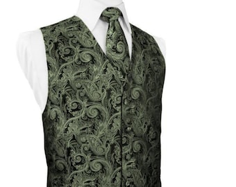 Fern Green Paisley Tuxedo Vest & Tie, Men's Formal Wear for Weddings, Parties and Gifts