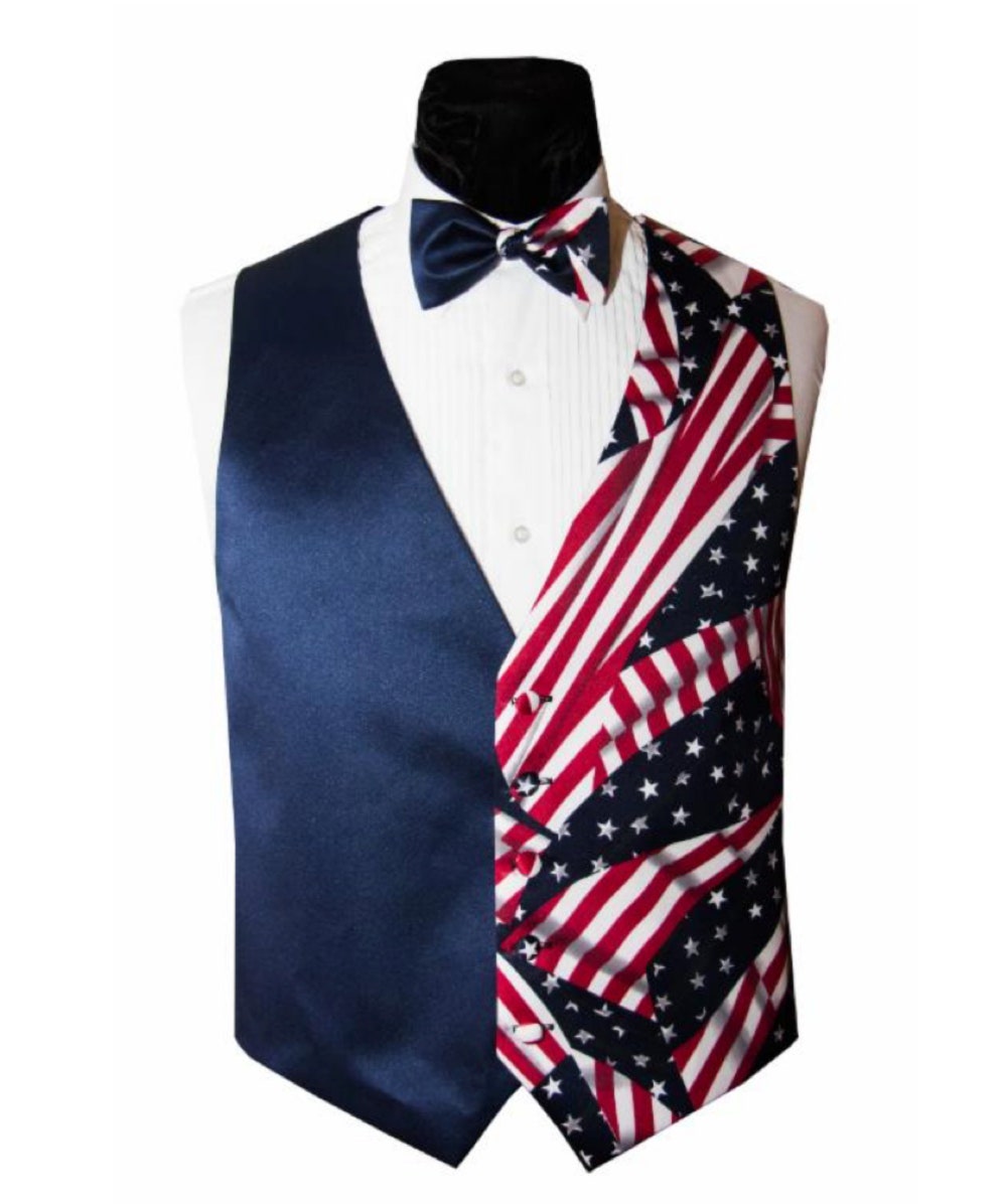 Wavy American Flag Two Tone Patriotic Tuxedo Vest And Bow Tie Patriotic Flag Vest Bow Tie Red White Blue Big And Tall Formal Wear Wedding Teebeepro Design Foryou
