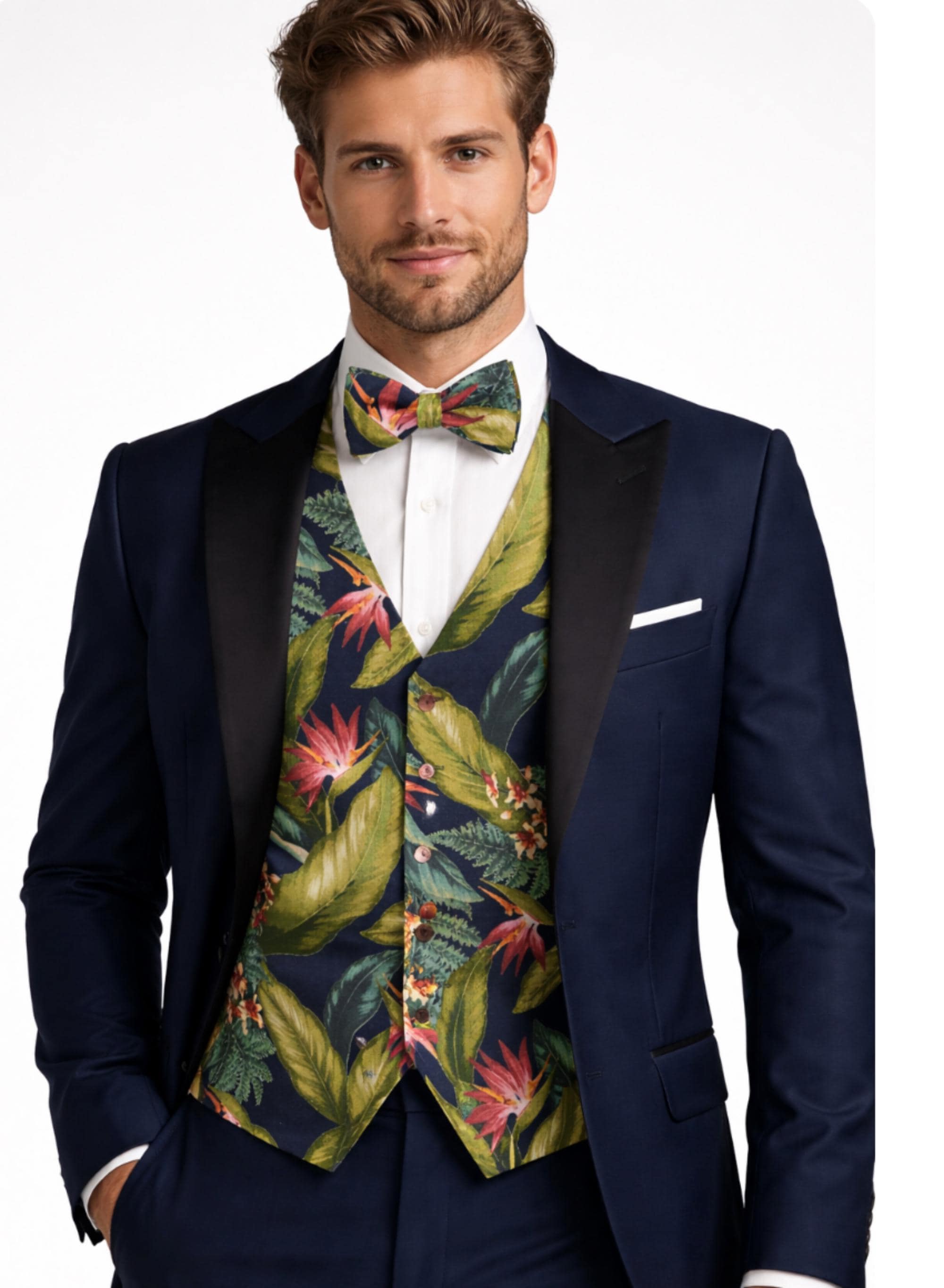 Bird of Paradise Tuxedo Vest and Bow Tie Set, Vibrant Hawaiian