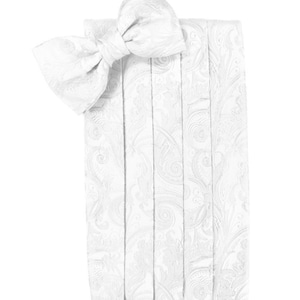White Silk Paisley Tuxedo Cummerbund and Bow Tie Set