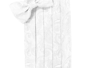 White Silk Paisley Tuxedo Cummerbund and Bow Tie Set