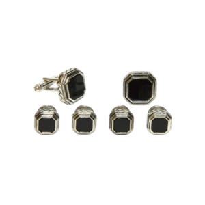 Black Onyx Octagon or Mother of Pearl Antique Silver Edge Formal Tuxedo Shirt Studs and Cufflinks Antique Etched Silver Octagon