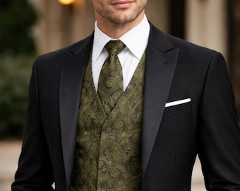 Moss Green Paisley Satin Vest & Tie Set - Classic Formal Attire for Weddings or Events