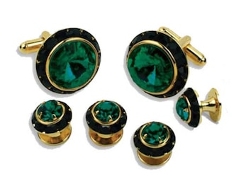 Dark Emerald Stone with Black Rhinestones Boarder Gold Trim Studs and Cufflinks Set