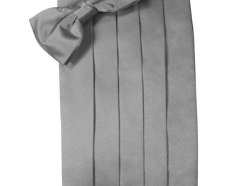 Silver Premium Silk Tuxedo Cummerbund and Bow Tie Set