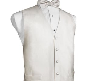 NEW Men's Ivory Cardi Satin Tux Tuxedo Vest Bows Long Tie and Hankie 