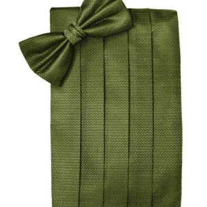 Op de afbeelding: Een groene strikdas en bijpassende cummerbund met een herringbone-patroon.
