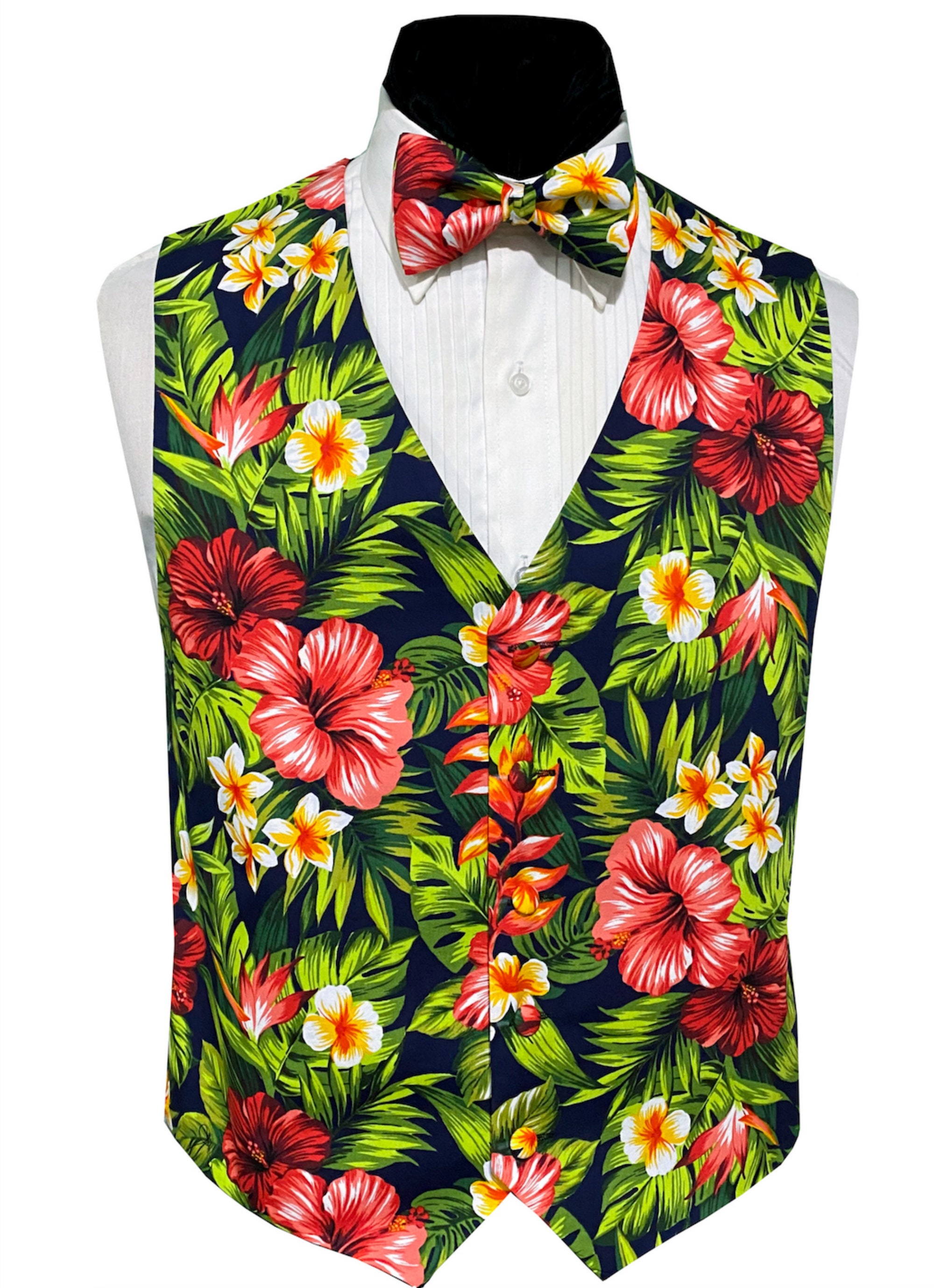 Hawaiian Hibiscus and Haliconia Floral Tuxedo Vest and Bow Tie Set