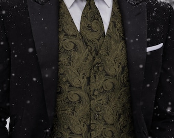 Moss Green Tapestry Vest & Tie Set, Elegant Paisley Fabric Accessories for Weddings