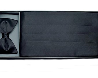 Elegant Black Silk Cummerbund and Bow Tie Set, Elegant Formal Wear for Weddings, Grooms