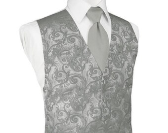 thumbnail image 2 of Men's Charcoal Paisley Tuxedo Vest, Tie & Hankie Set - Formal Wedding Prom Cruise 2 of 4