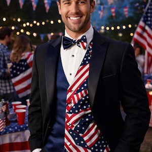 American Flag Tuxedo Vest & Bow Tie, Two-Tone Patriotic Formalwear for Weddings, July 4th