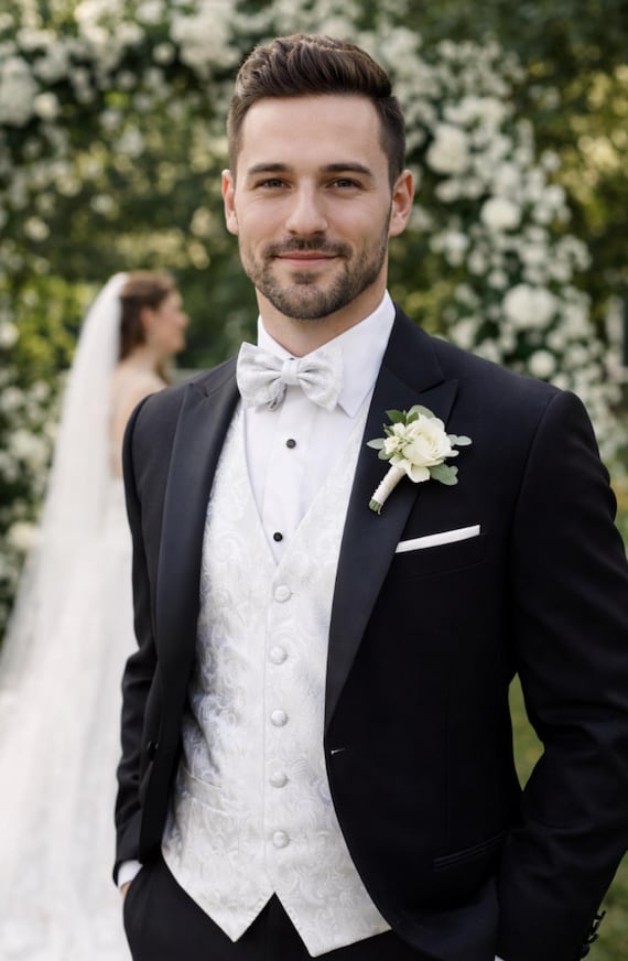 White Silk Paisley Tuxedo Vest & Bow Tie Set, Elegant Formal Wear