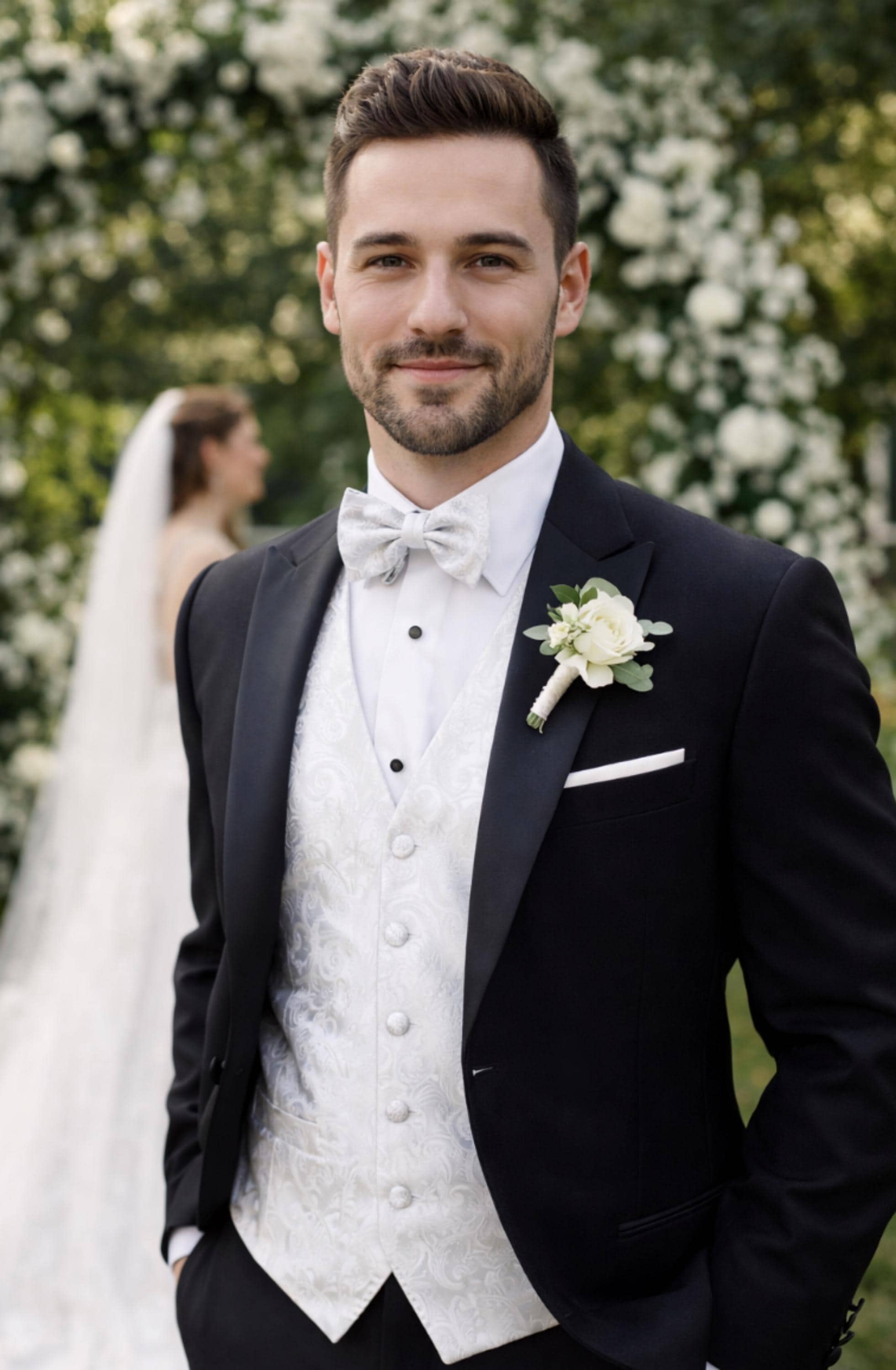White Silk Paisley Tuxedo Vest & Bow Tie Set, Elegant Formal Wear