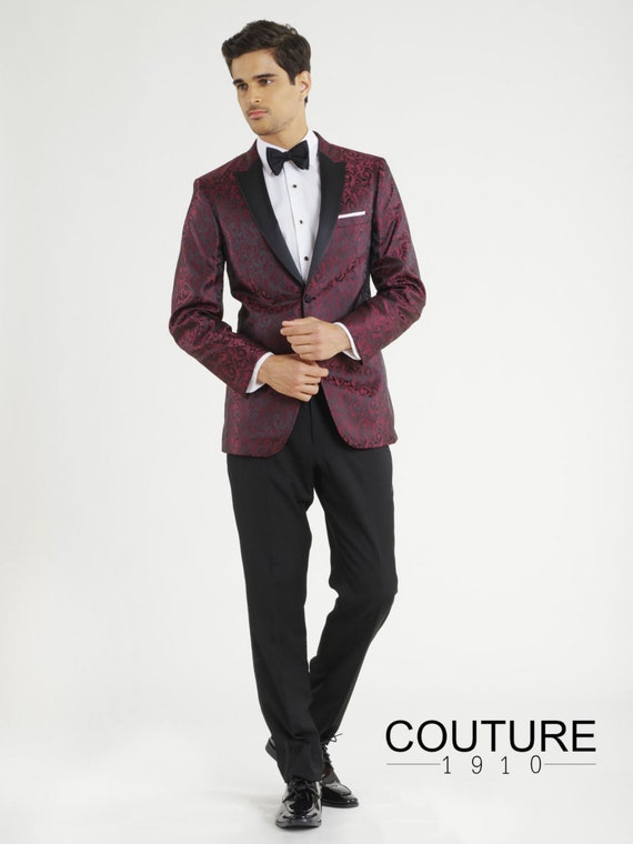 Burgundy Paisley Dinner Jacket with Black Peak Lapels Slim Fit