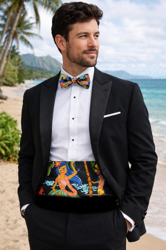 Tropical Hula Dancers Cummerbund & Bow Tie Set, Bright Island-Inspired Formal Accessories for Weddings