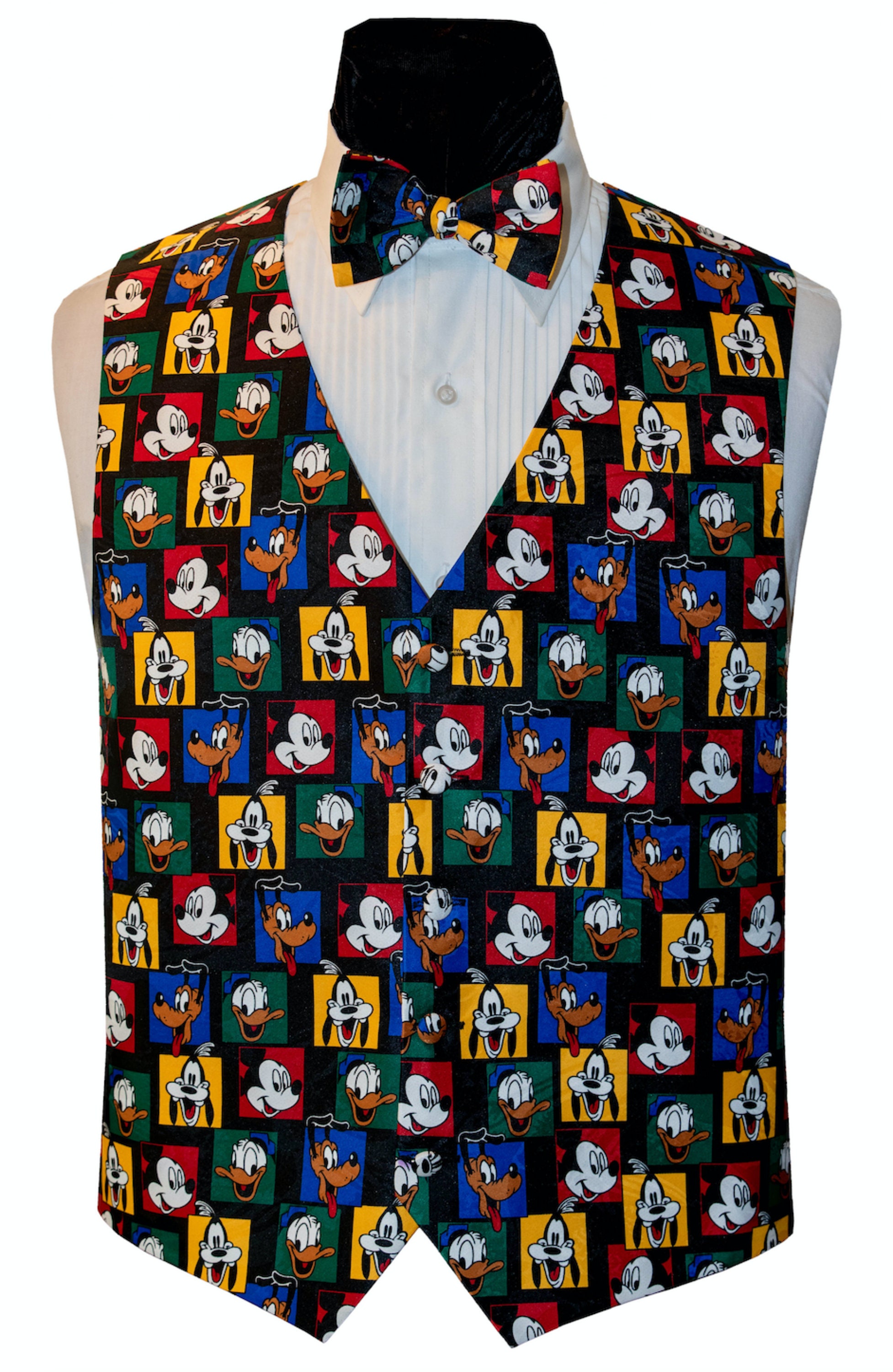 Rare BOYS SMALL Black Mickey Mouse Face Tone-on-Tone Tuxedo Tux Vest & Bowtie BS 