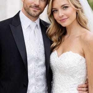 White Paisley Wedding Vest & Tie Set – Elegant Groom Tuxedo Waistcoat – Formal Prom Vest