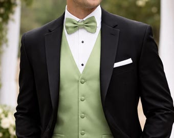 Sage Green Tuxedo Vest & Bow Tie Set, Formal Attire in Assorted Patterns, for Weddings
