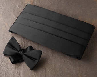 Luxury Black Silk Cummerbund and Bow Tie Set