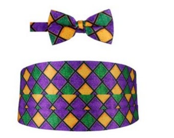 Mardi Gras Windowpane Tuxedo Cummerbund and Self-Tie Bow Tie Set